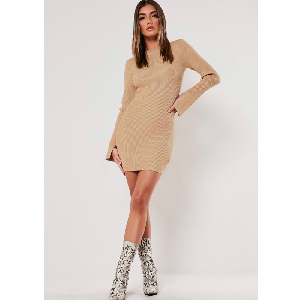 Camel Ribbed bodycon Mini dress